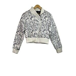 Odri White Blue Abstract Quilted Full Zip Feather Down Jacket Women's Si…